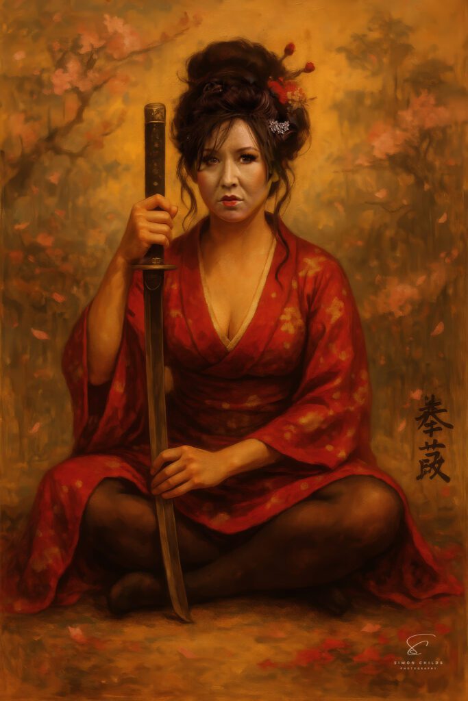Painterly portrait of a female model holding a katana, captured in studio using Sony A7R V and painterly edited in Luminar Neo. Samurai-inspired, soft light, rich red tones