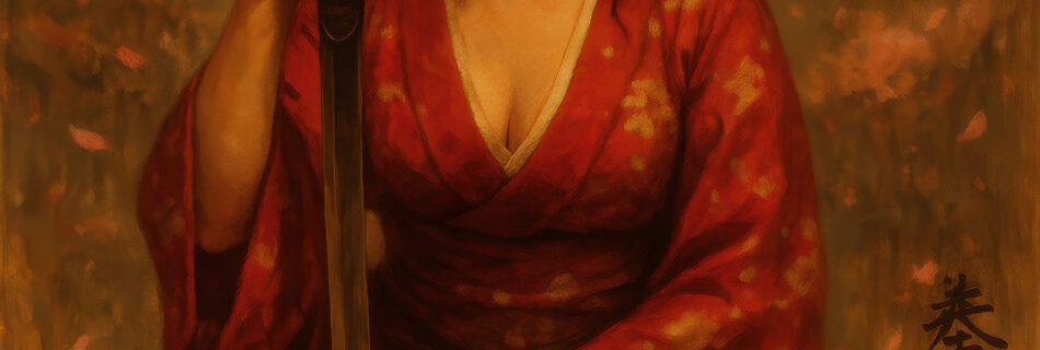 Painterly portrait of a female model holding a katana, captured in studio using Sony A7R V and painterly edited in Luminar Neo. Samurai-inspired, soft light, rich red tones