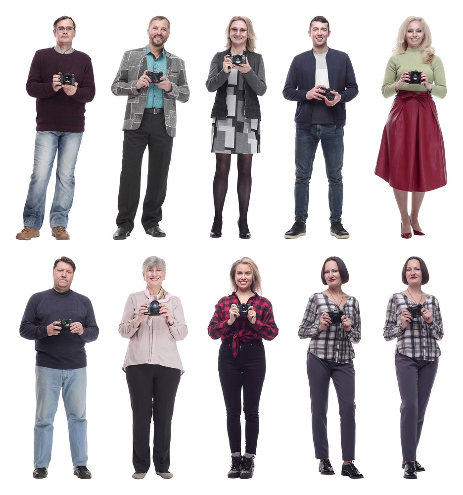 Collage of ten diverse professional photographers standing and holding cameras, isolated on white background, representing a creative photography community.